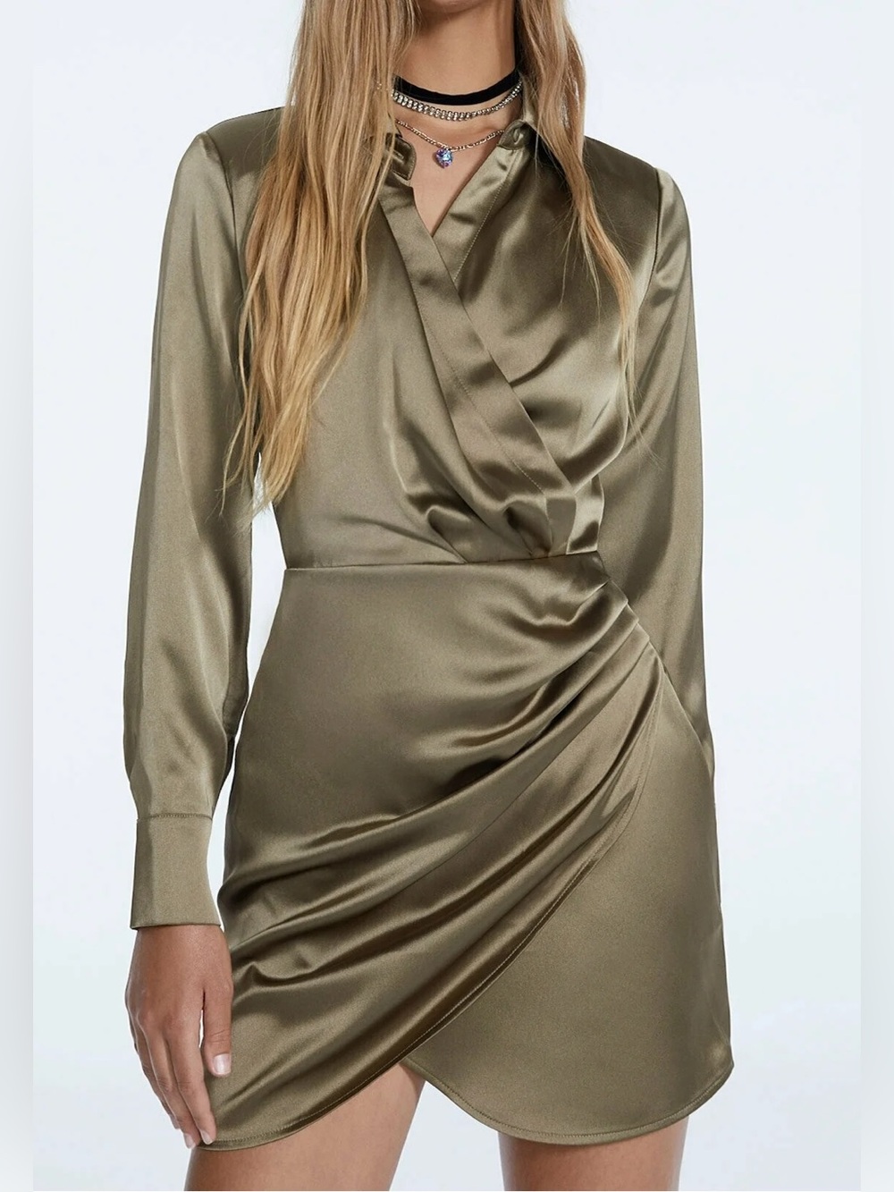 Le Lis Olive Green Satin Faux-Wrap Long Sleeve Dress